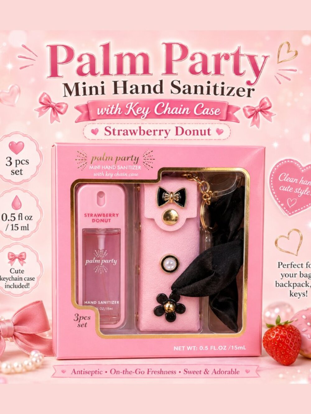 Palm Party Strawberry Donut Mini Hand Sanitizer Keychain Case Charm Gift Set NWT